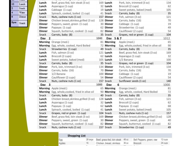 1000 Calories 28 Day Paleo Diet With Shoppong List PrintableDietPlan
