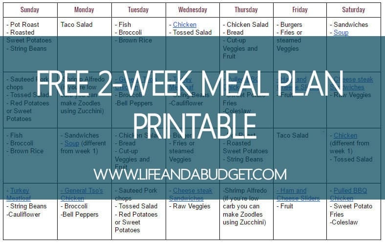 2 WEEK MEAL PLAN PRINTABLE Life And A Budget