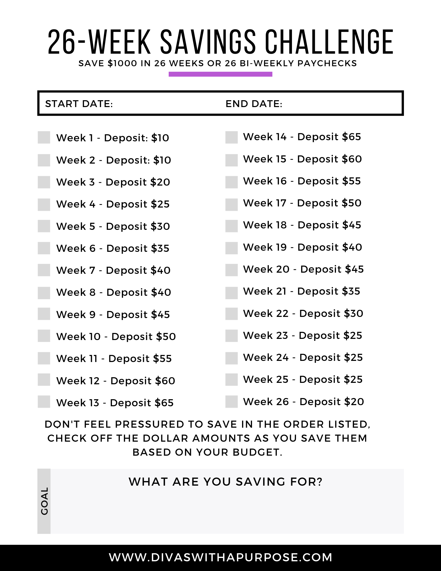 26 Week Savings Challenge Free Printable