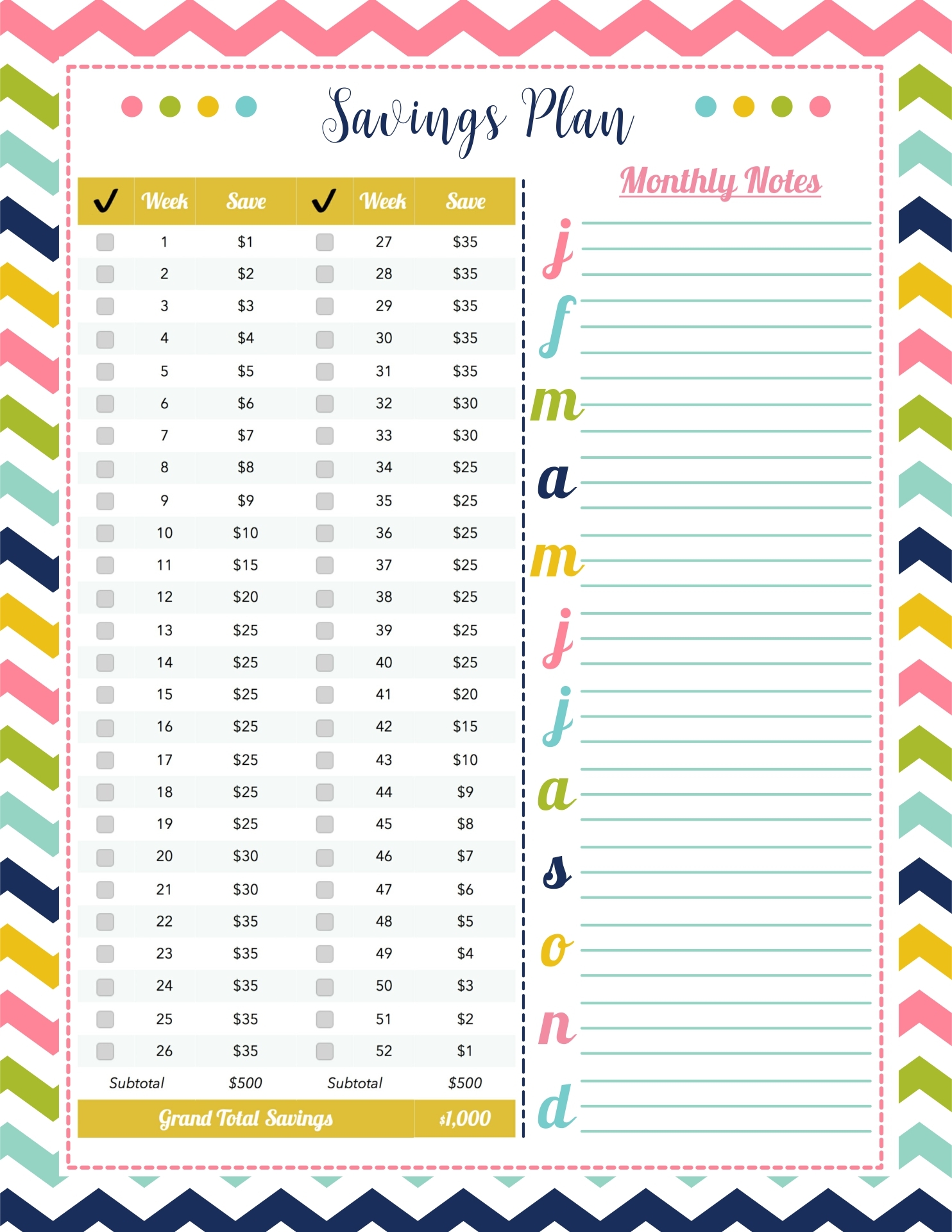 52 Week Savings Plan Printable