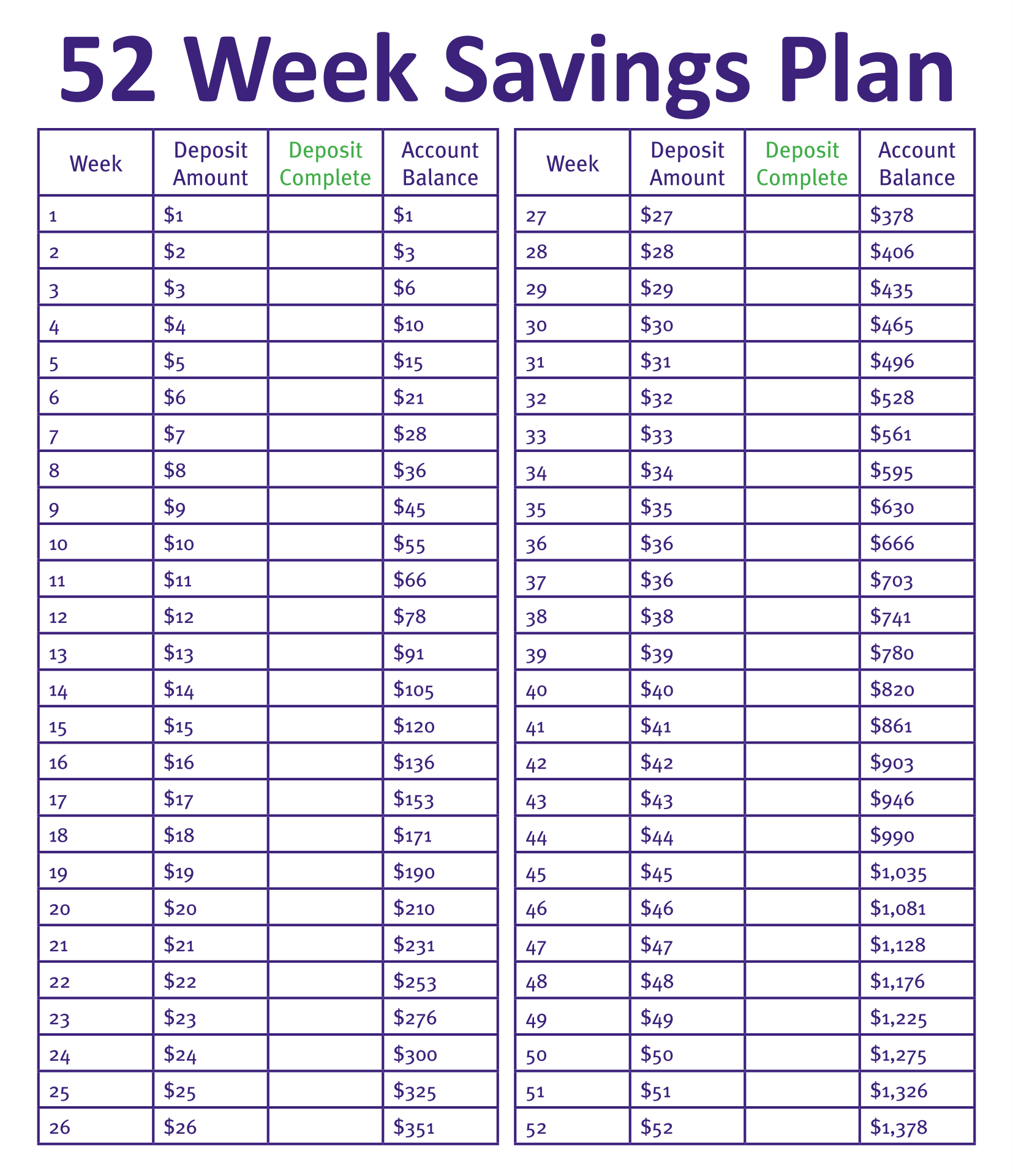 52 Week Savings Plan Printable