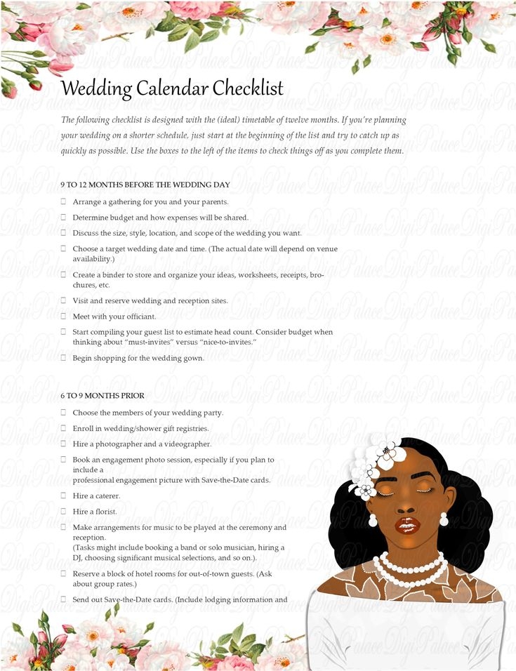 African American Bride Wedding Checklist Printable 12 Month Wedding 