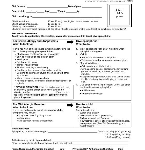Allergy Action Plan Form Printable Printable Forms Free Online