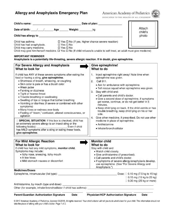 Allergy Action Plan Form Printable Printable Forms Free Online