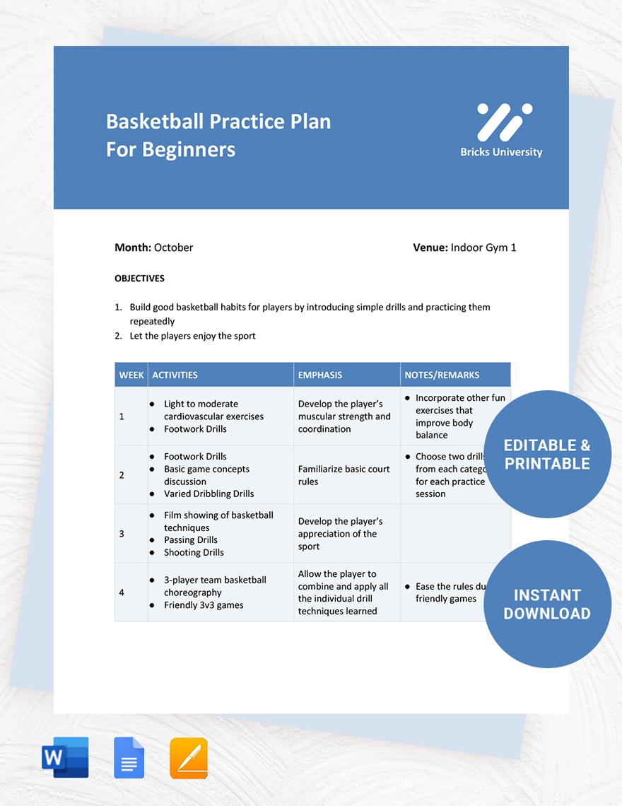 Basketball Practice Plan Template For Beginners Google Docs Word 