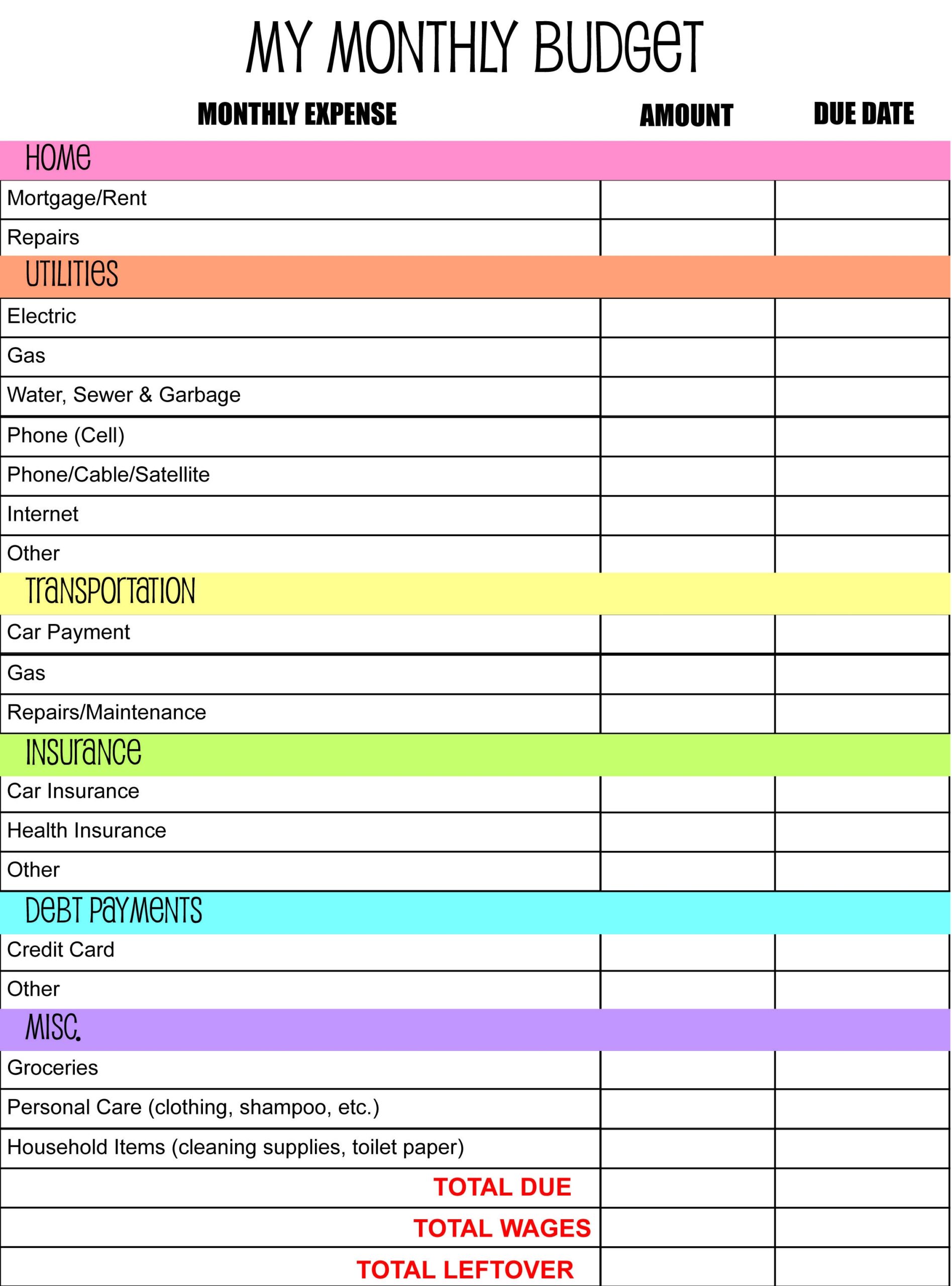 Bill Budget Planner Printable