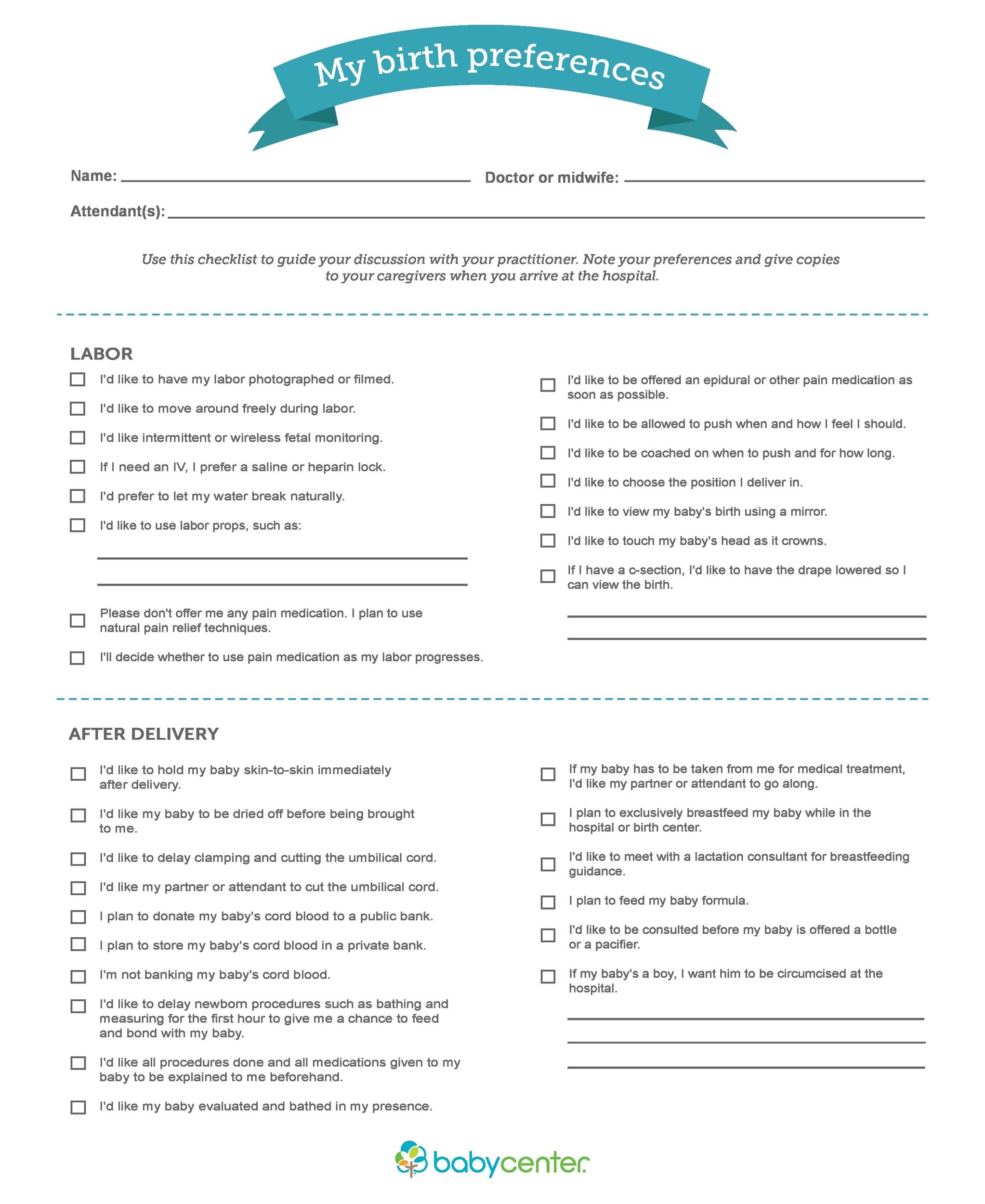 Birth Plan Checklist Printable