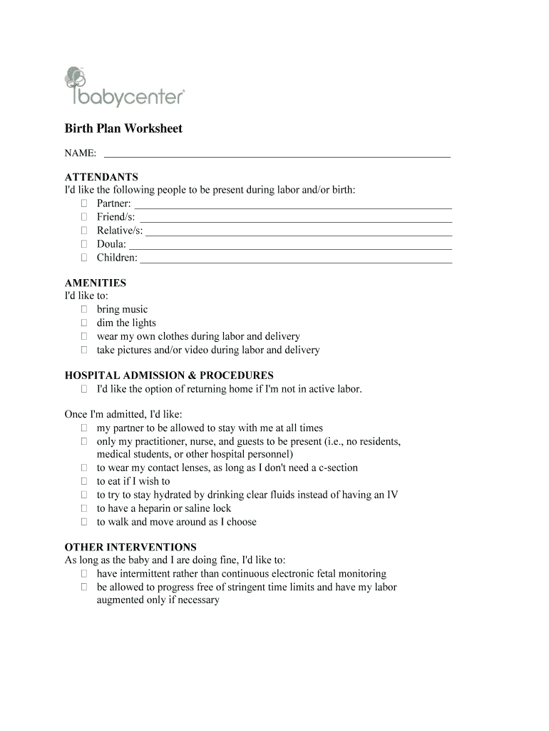 Birth Plan Form Printable Printable Forms Free Online
