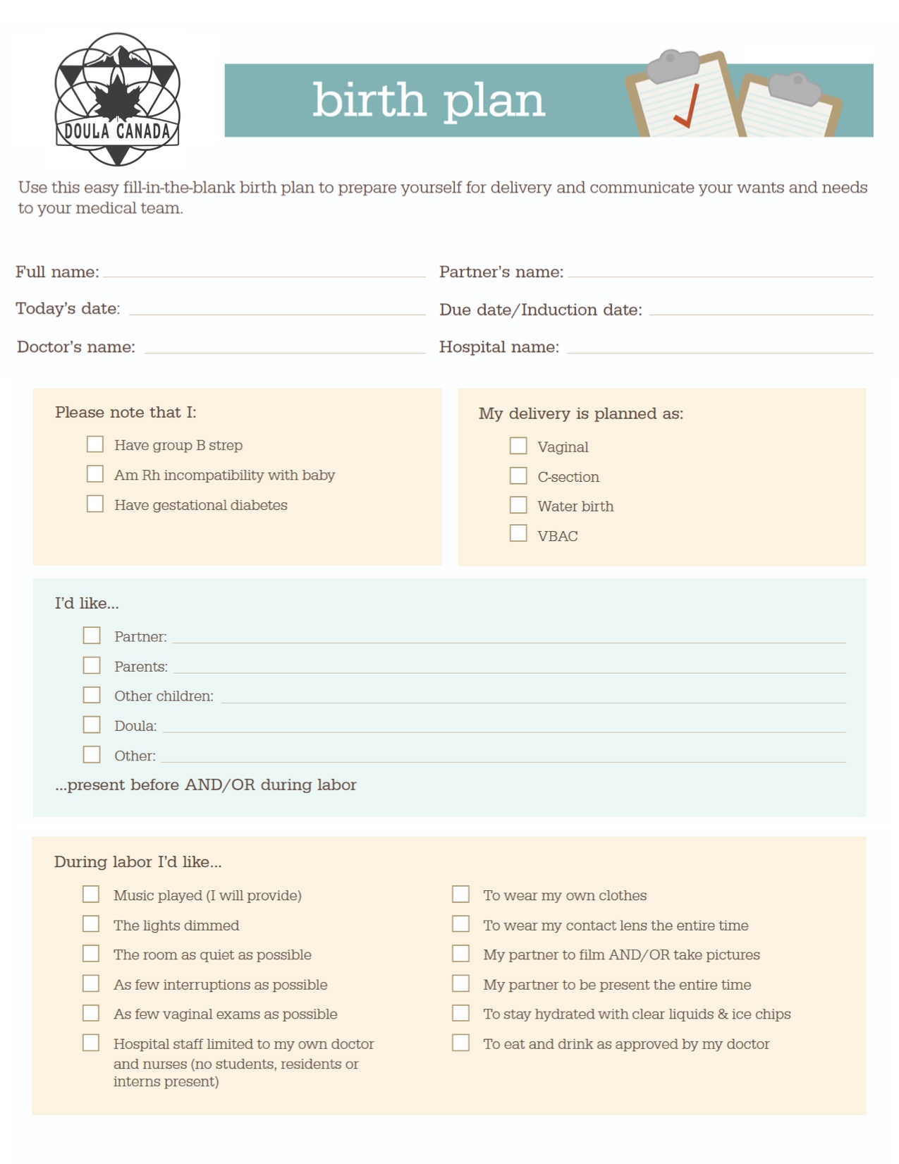 Birth plan template Doula Training Canada
