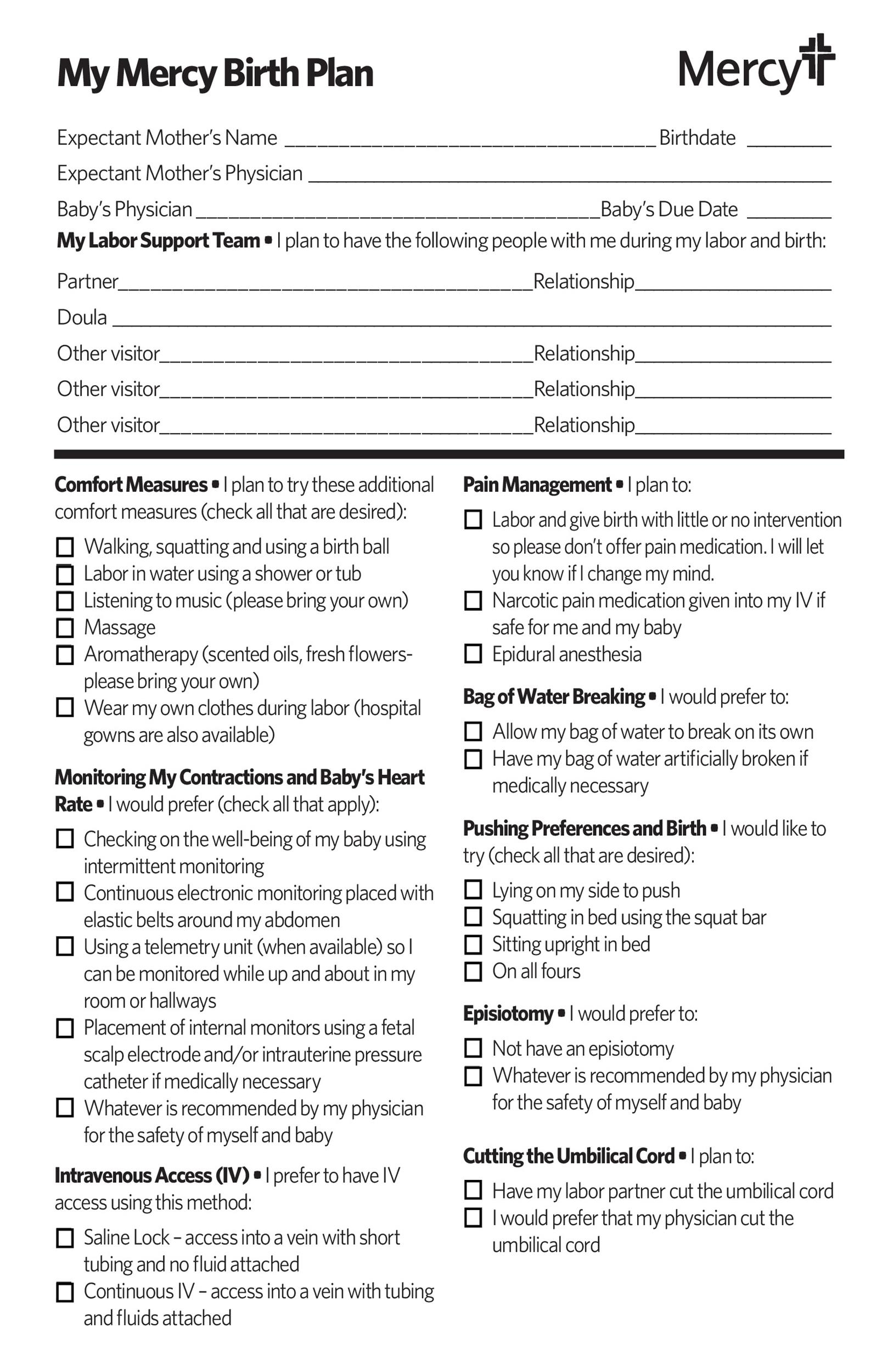 Birth Plan Template Printable