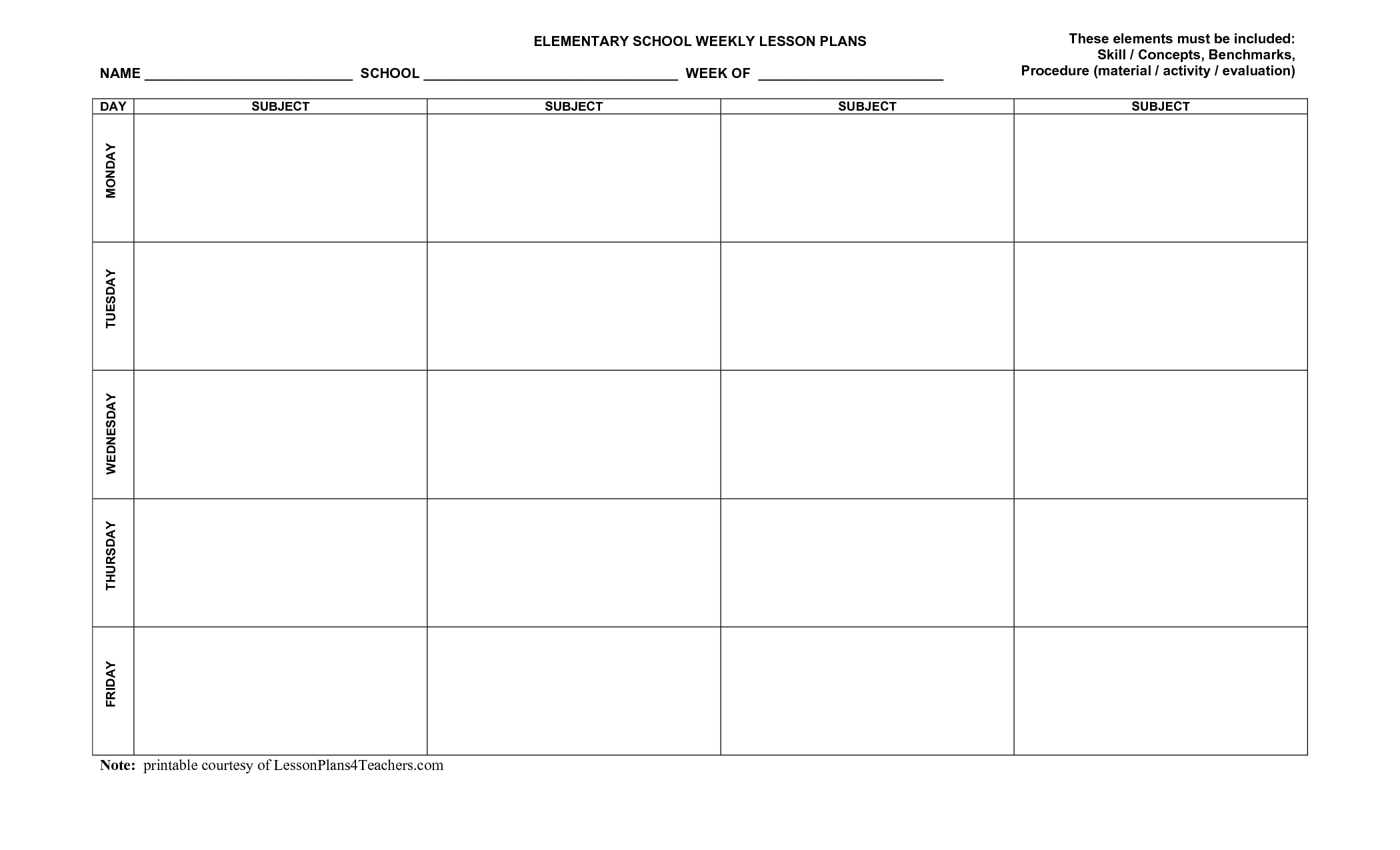 Blank Lesson Plan Template Free Printable