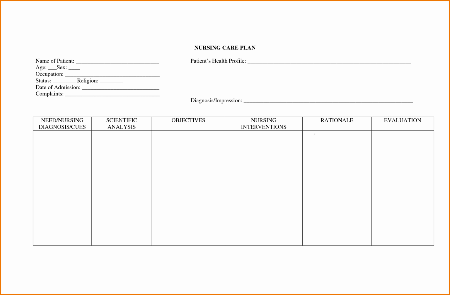 Blank Printable Care Plan Template