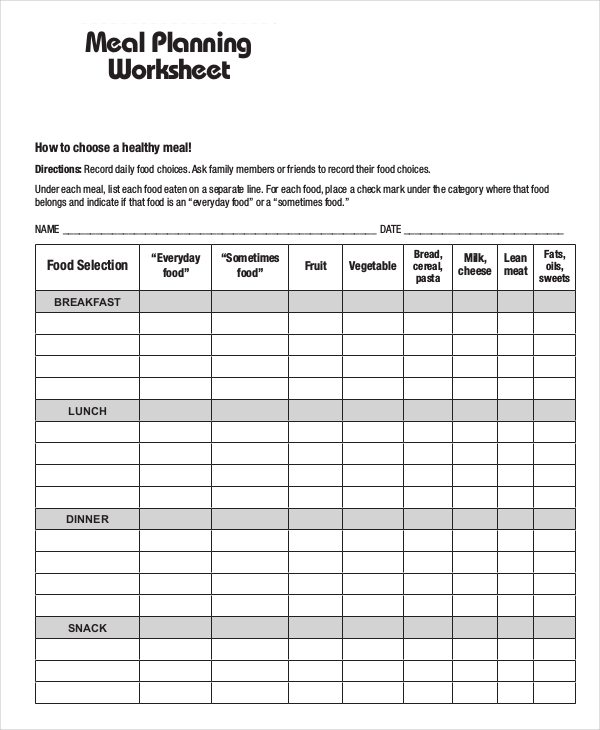 Bsa Meal Planning Worksheet Printable Word Searches