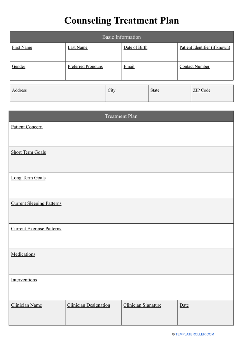 Counseling Treatment Plan Template Download Printable PDF Templateroller