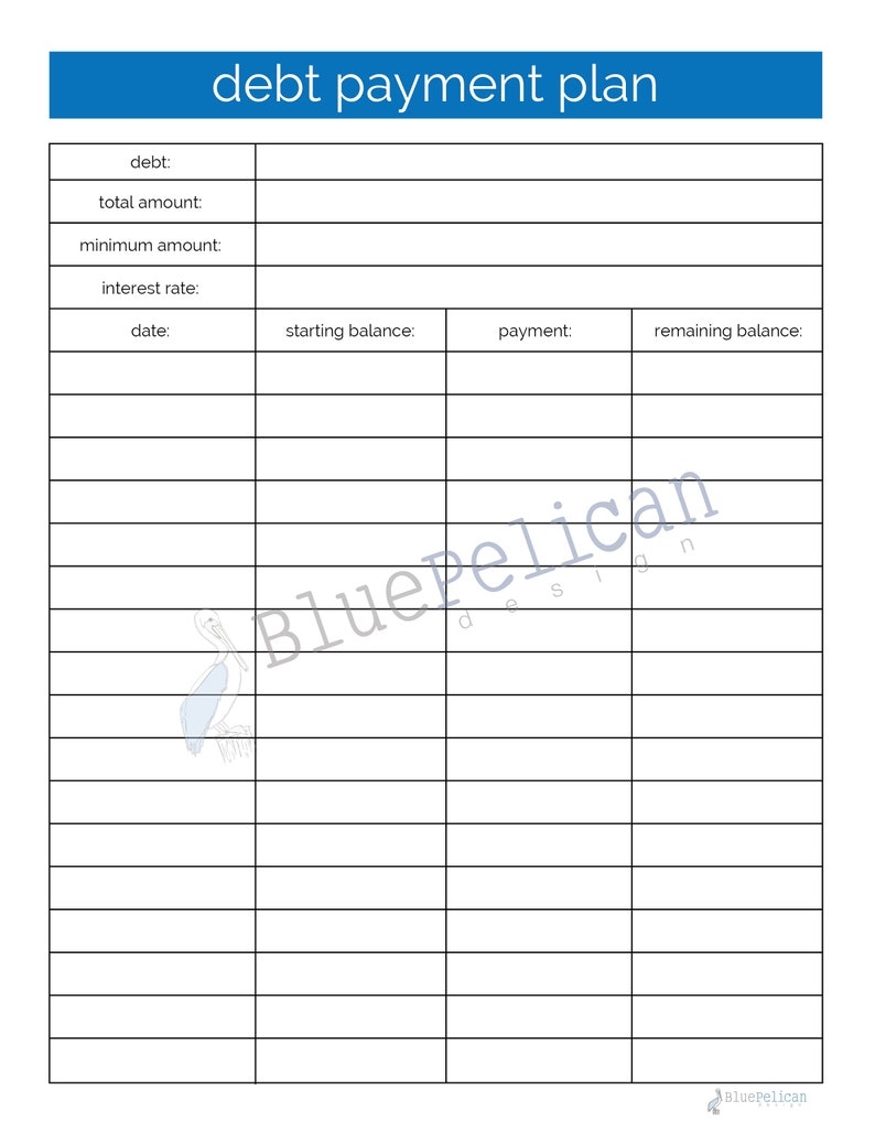 Debt Payment Plan Printable Debt Pay Off Plan Blank Debt Etsy