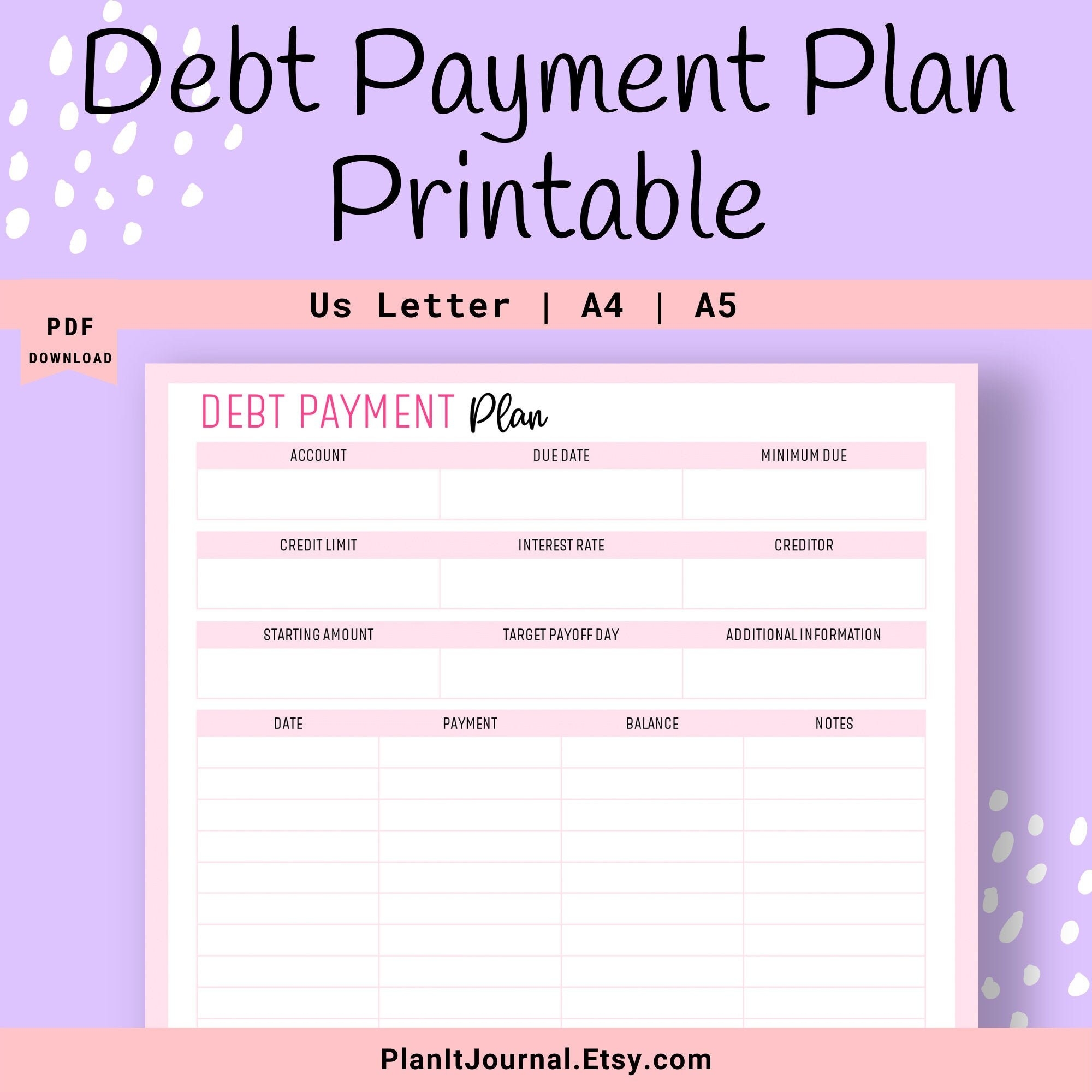 Debt Payment Plan Printable PDF Digital Download Etsy