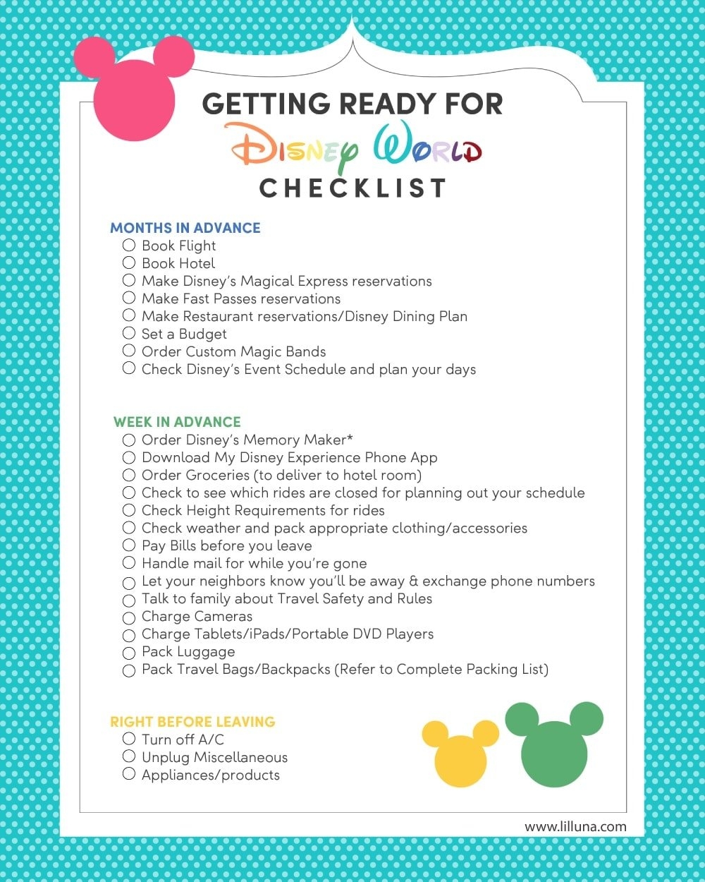 Disney Vacation Checklist Printable