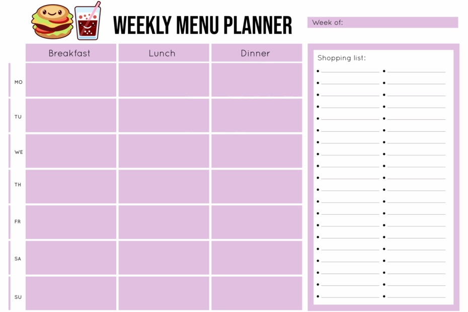 Easy Meal Plan Calendar Electronic Printable Form Fillable Printable