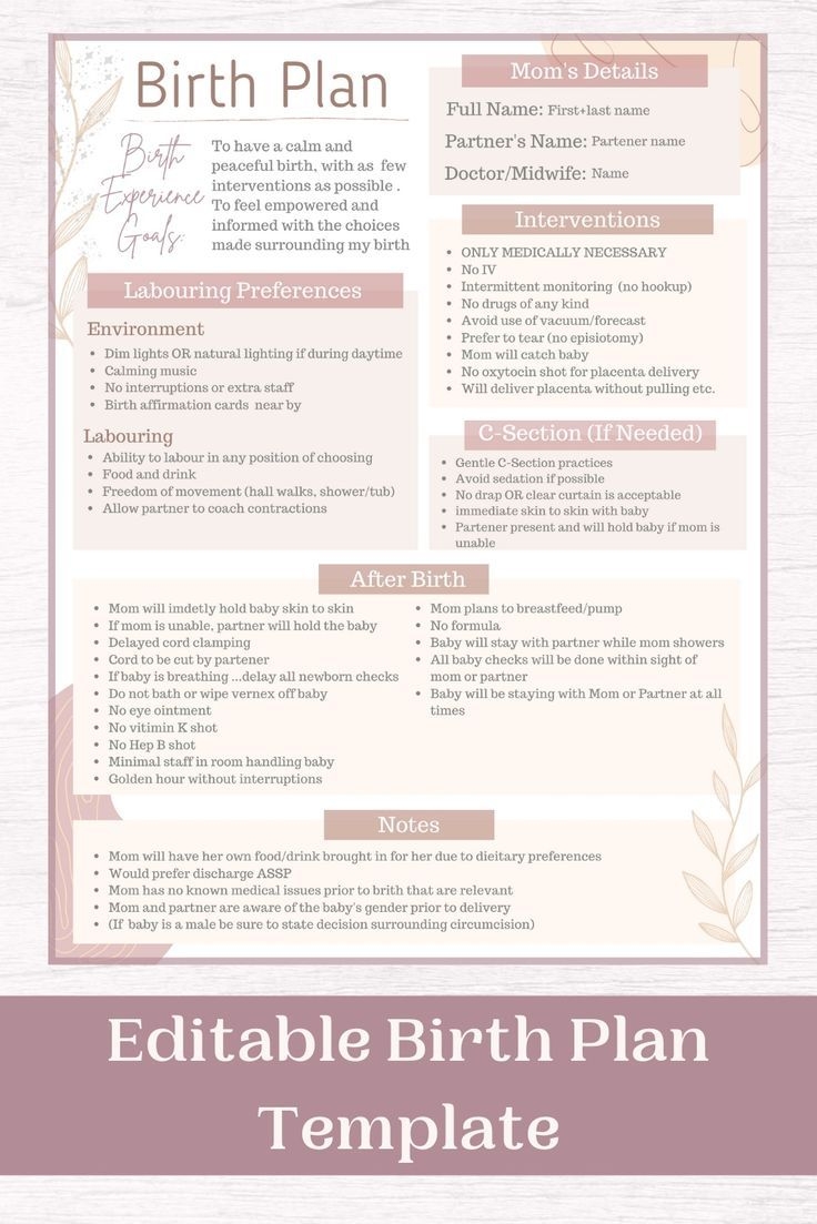 Editable Birth Plan Template Printable Birthing Plan Labour And 