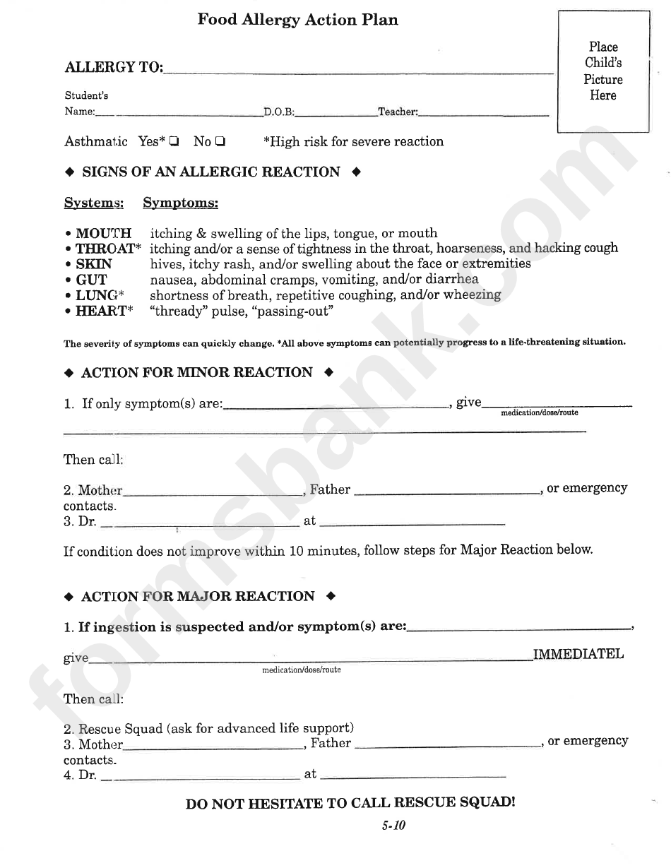 Food Allergy Action Plan Printable Pdf Download