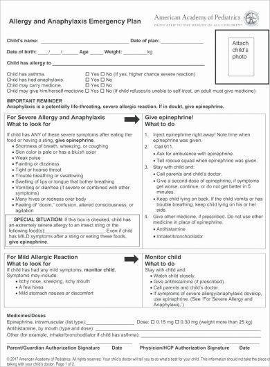 Food Allergy Emergency Action Plan Printable