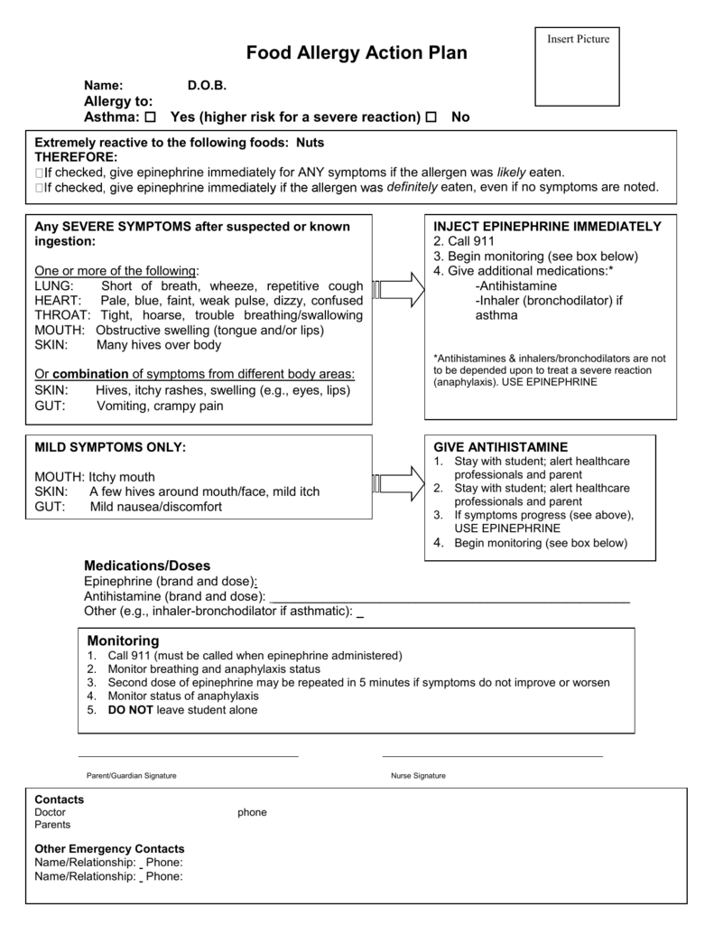 Food Allergy Emergency Action Plan Printable