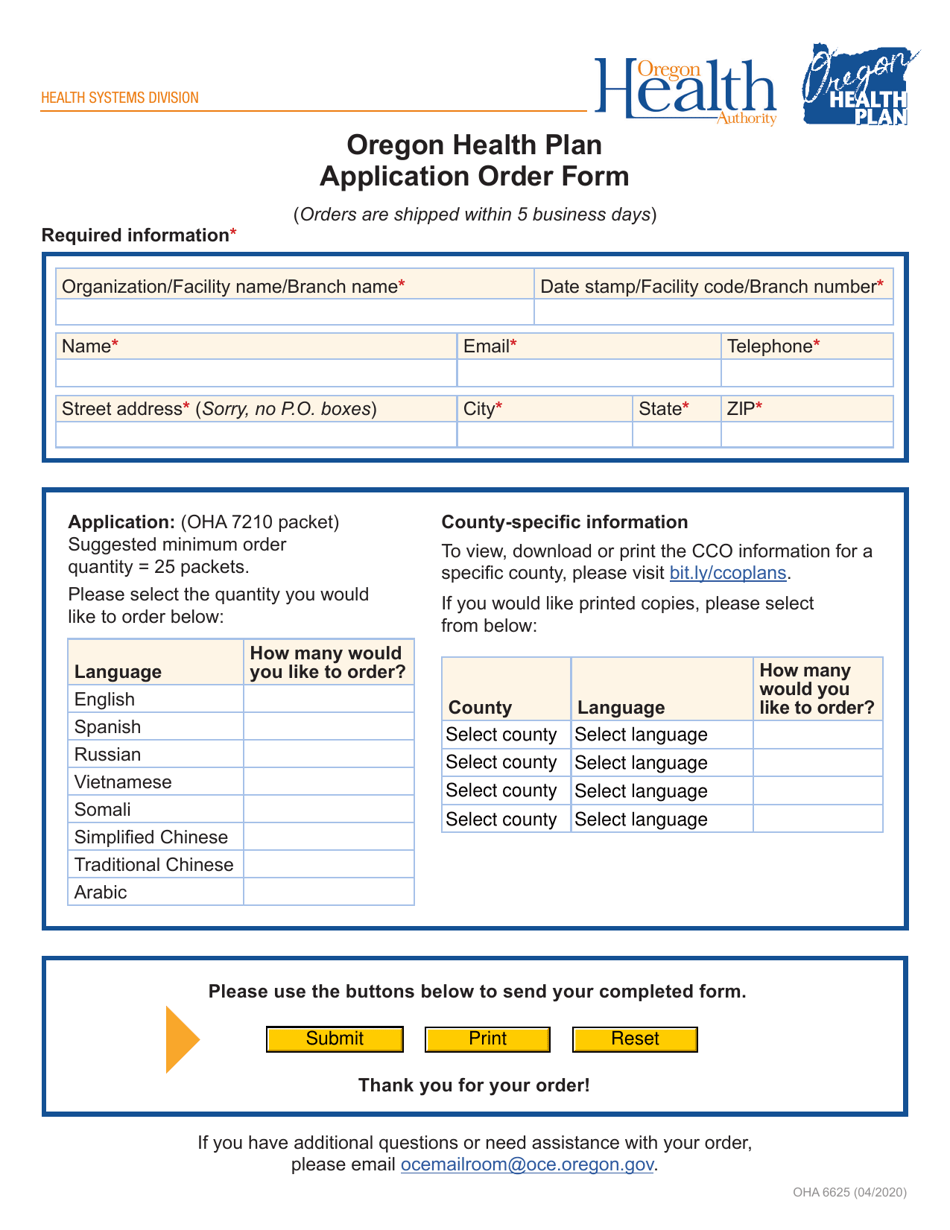 Form OHA6625 Download Fillable PDF Or Fill Online Oregon Health Plan 