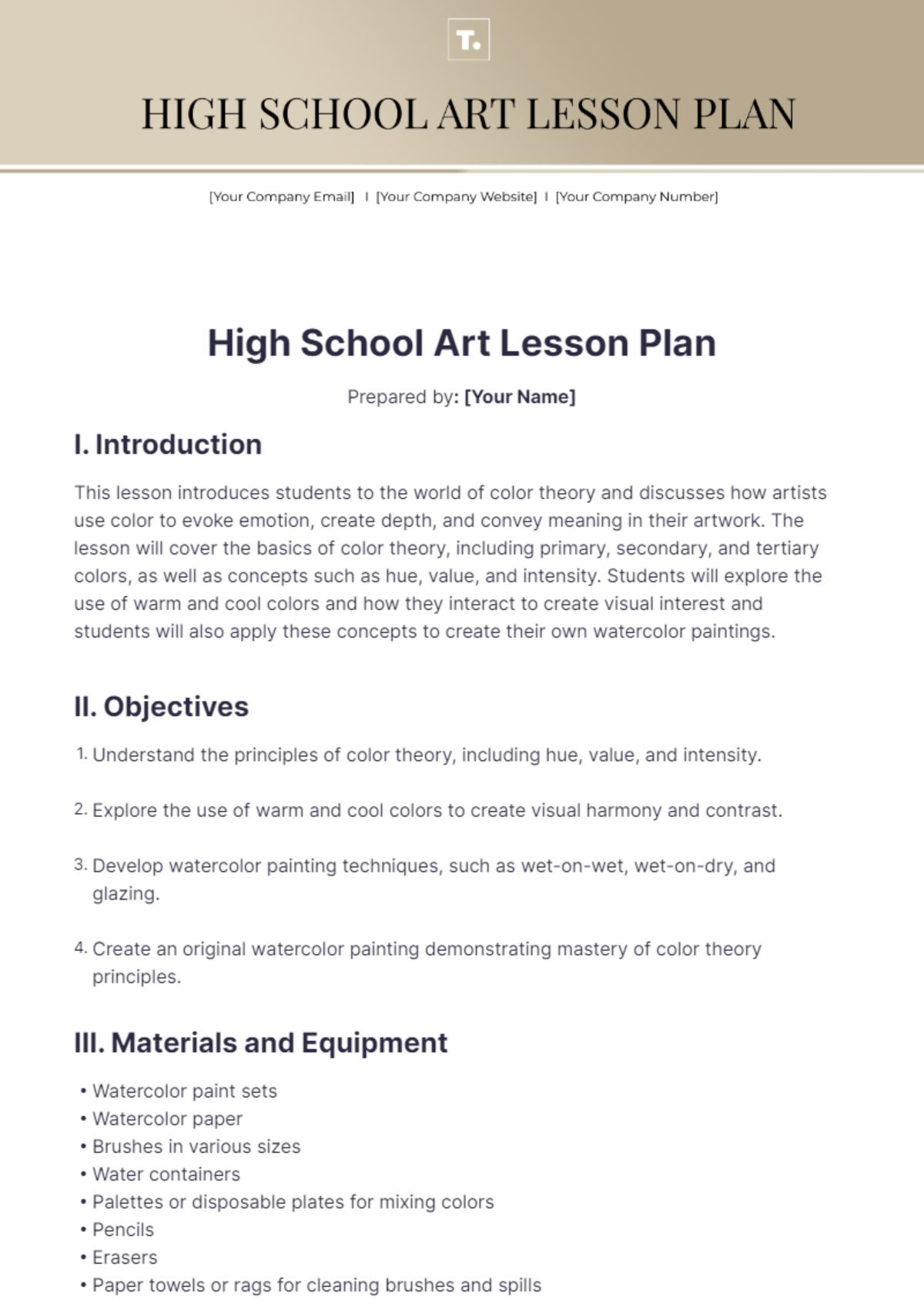 Free Art Lesson Plan Templates Editable And Printable
