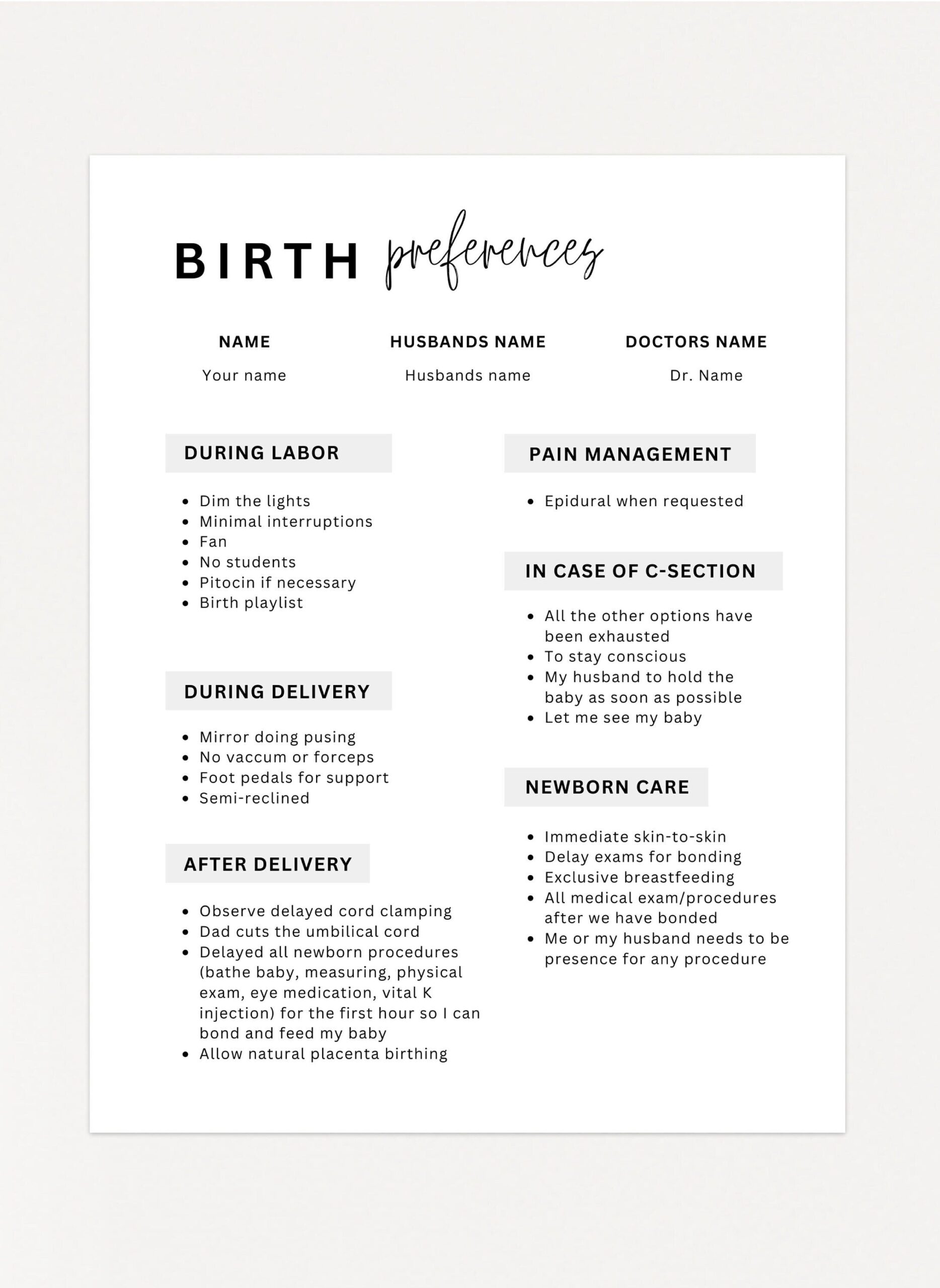 Free Birth Plan Template PDF Word Worksheets Library