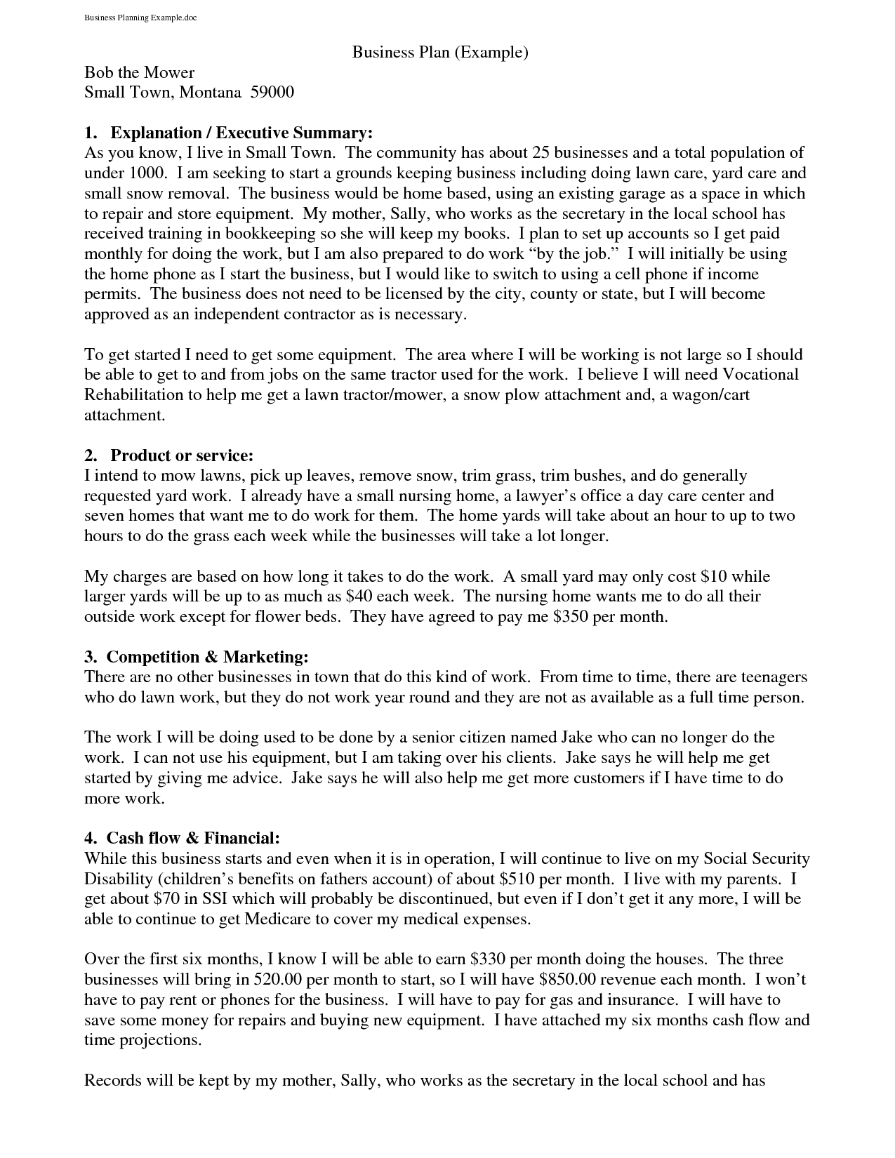 Free Printable Business Plan Sample Form GENERIC 