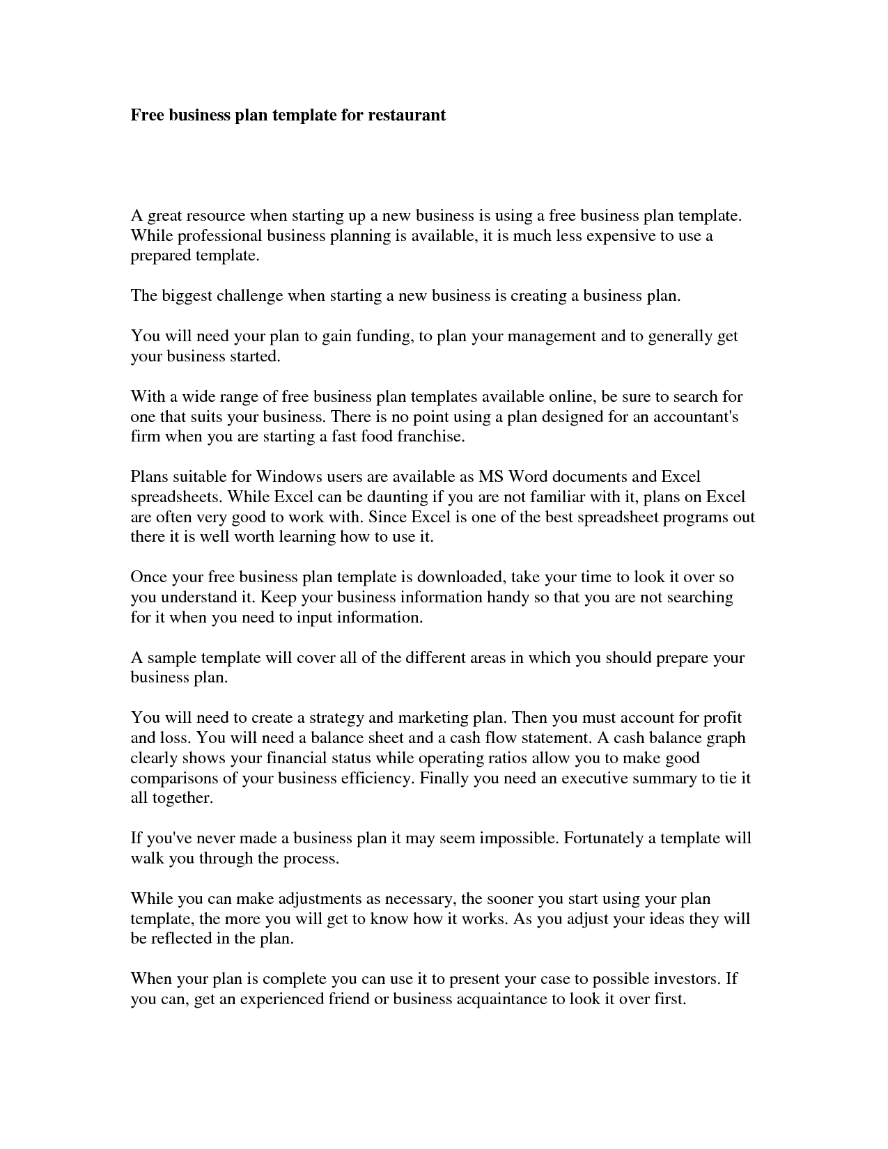 Free Printable Business Plan Template Form GENERIC 