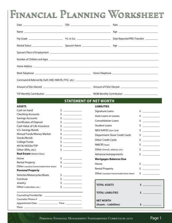 Free Printable Financial Planning Worksheets Printable Worksheets