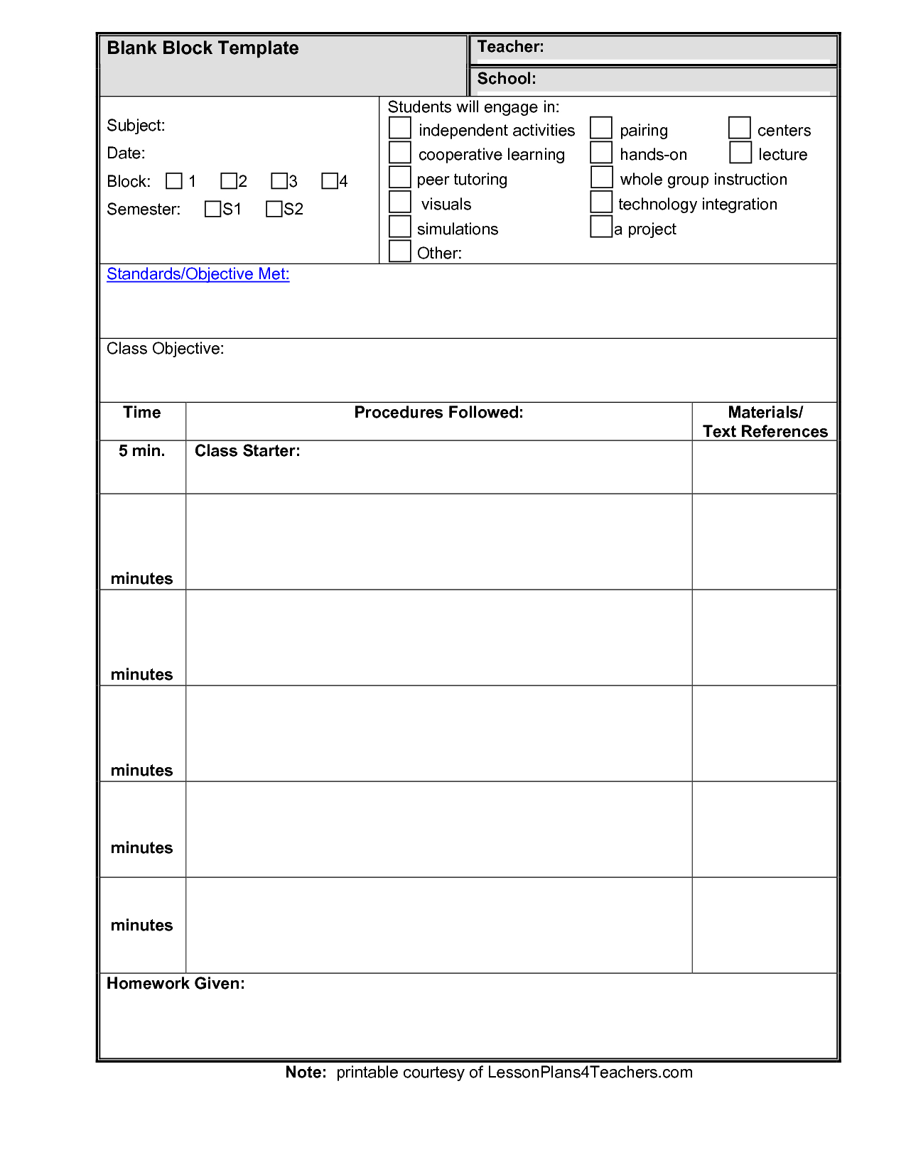 Free Printable Lesson Plan Template Blank Free Printable