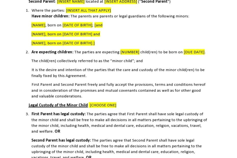 Free Printable Parenting Plan FREE Printable A Z