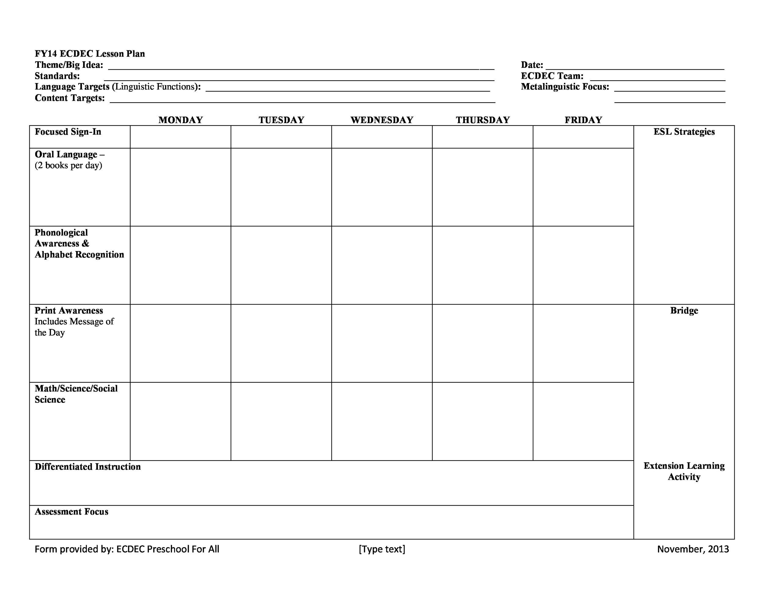 Free Printable Preschool Lesson Plan Template Printable Templates