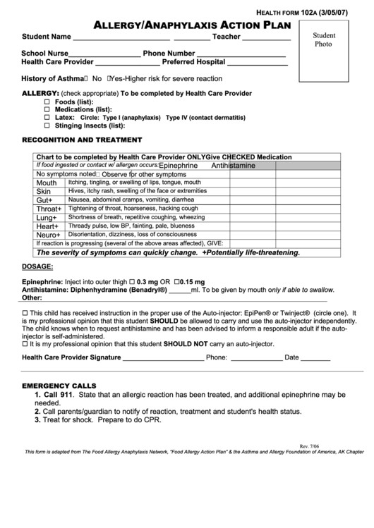 Health Form 102a Allergy Anaphylaxis Action Plan Printable Pdf Download 