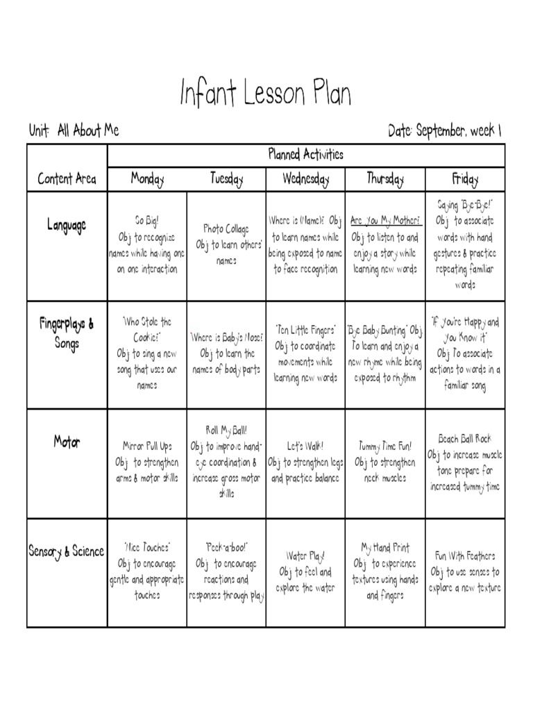 Infants Year Long Lesson Plans Perception Leisure