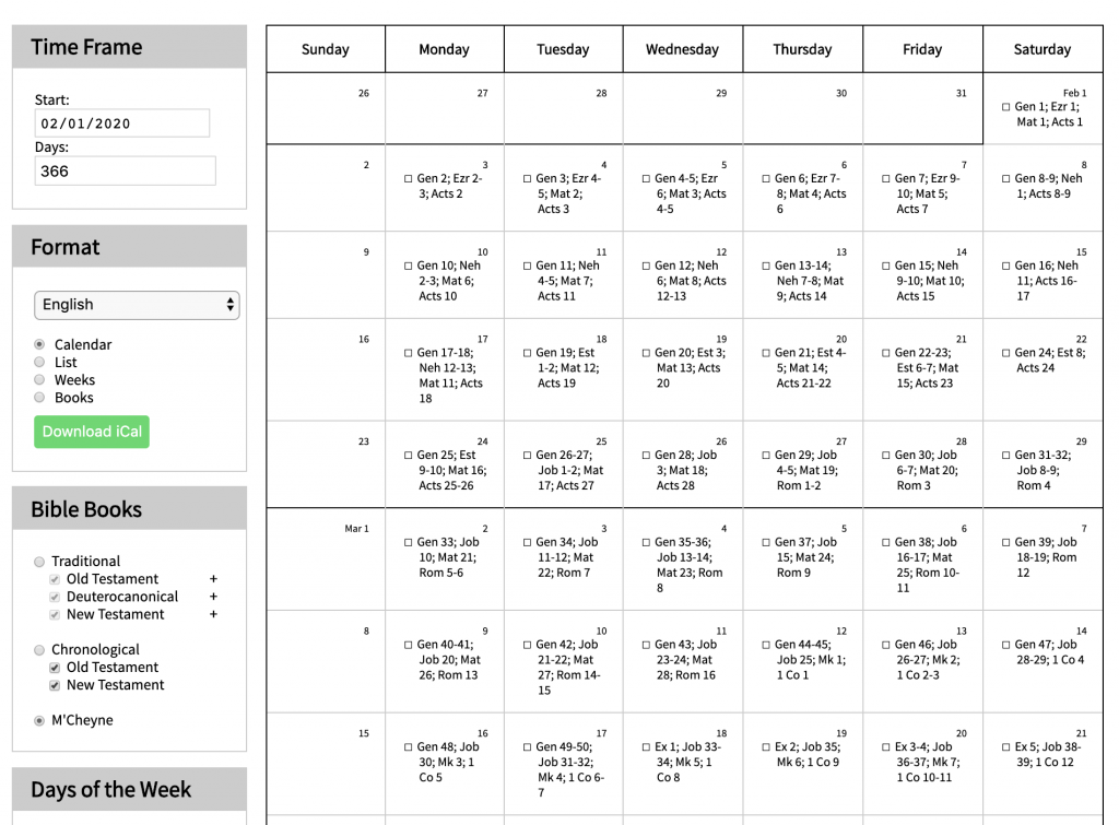 M 39 cheyne Reading Plan One Page Printable