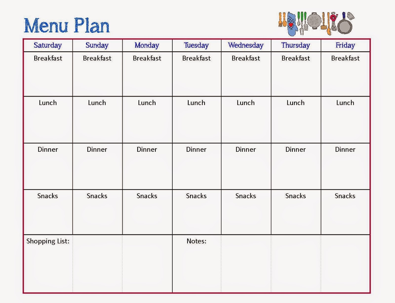 Meal Planning Chart Printable