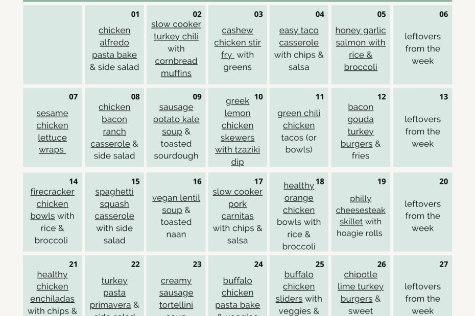 Monthly Meal Plan Calendar Printable Wasincome