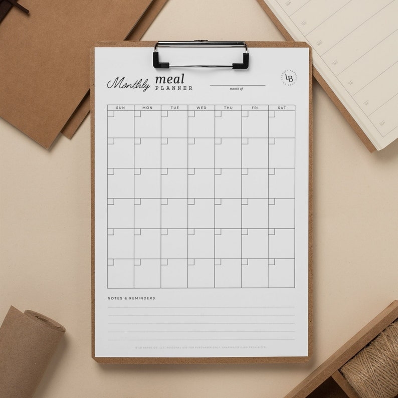 Monthly Meal Planner Printable Family Menu Household Organization 