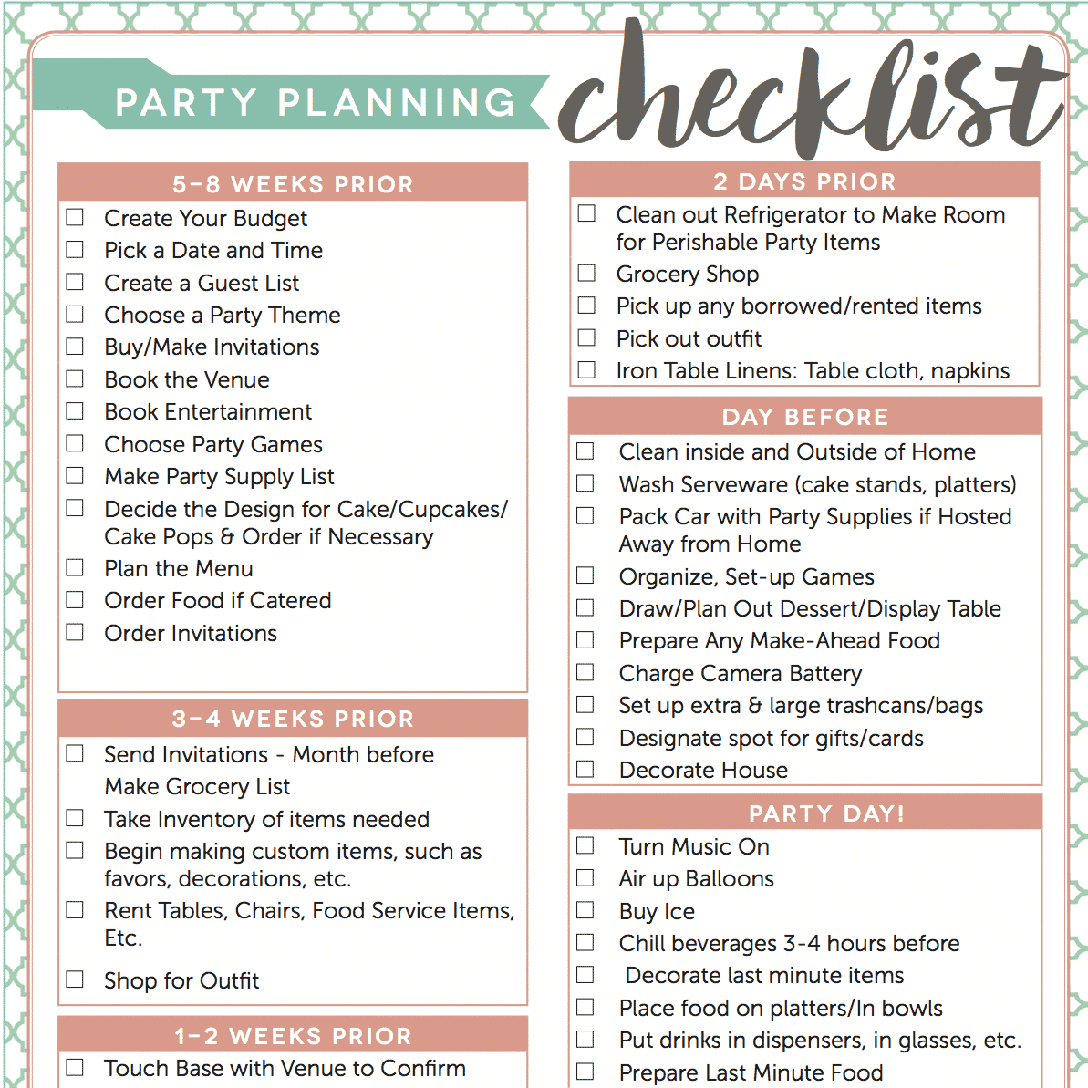 Party Planning Checklist Printable