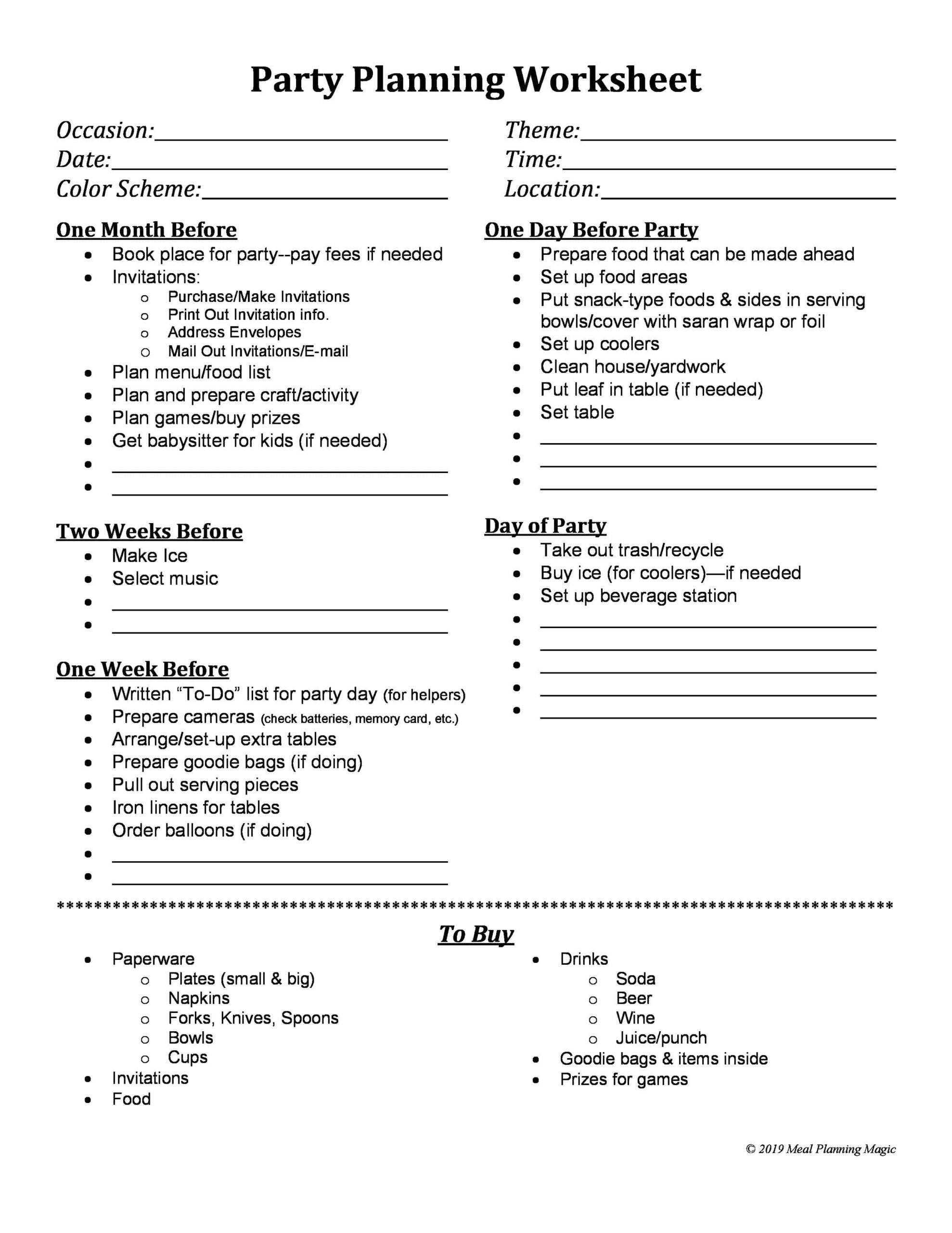 Party Planning Worksheet Meal Planning Magic