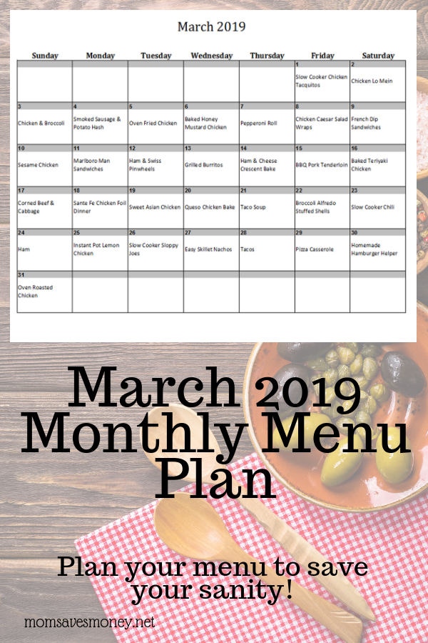 Plan Your Meals With Ease March 2019 Monthly Menu Plan Printable 