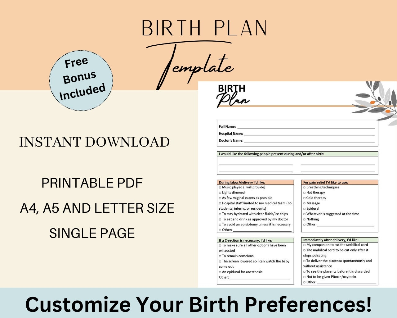 Printable Birth Plan Template Instant Download Etsy