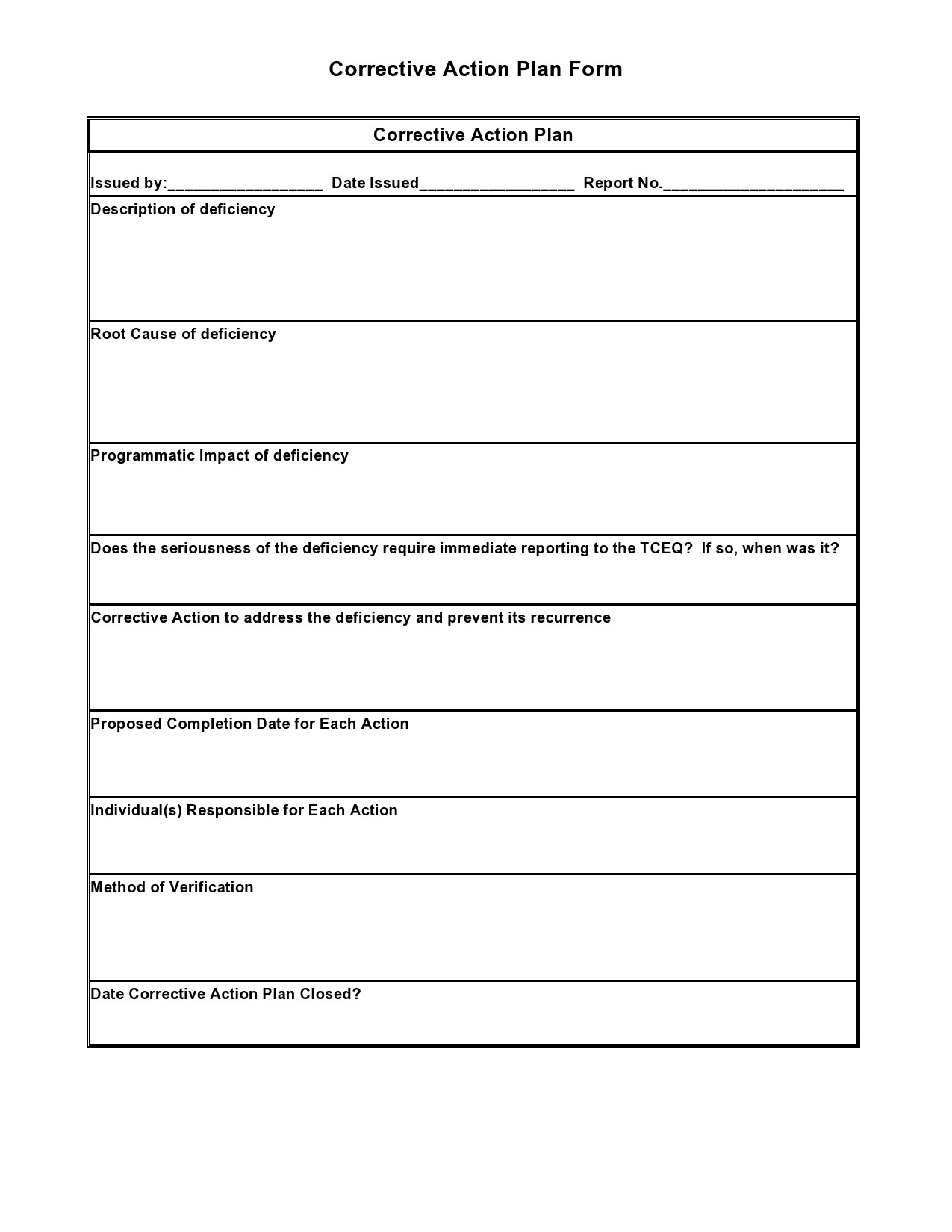 Printable Corrective Action Plan Template Fillable Form 2023