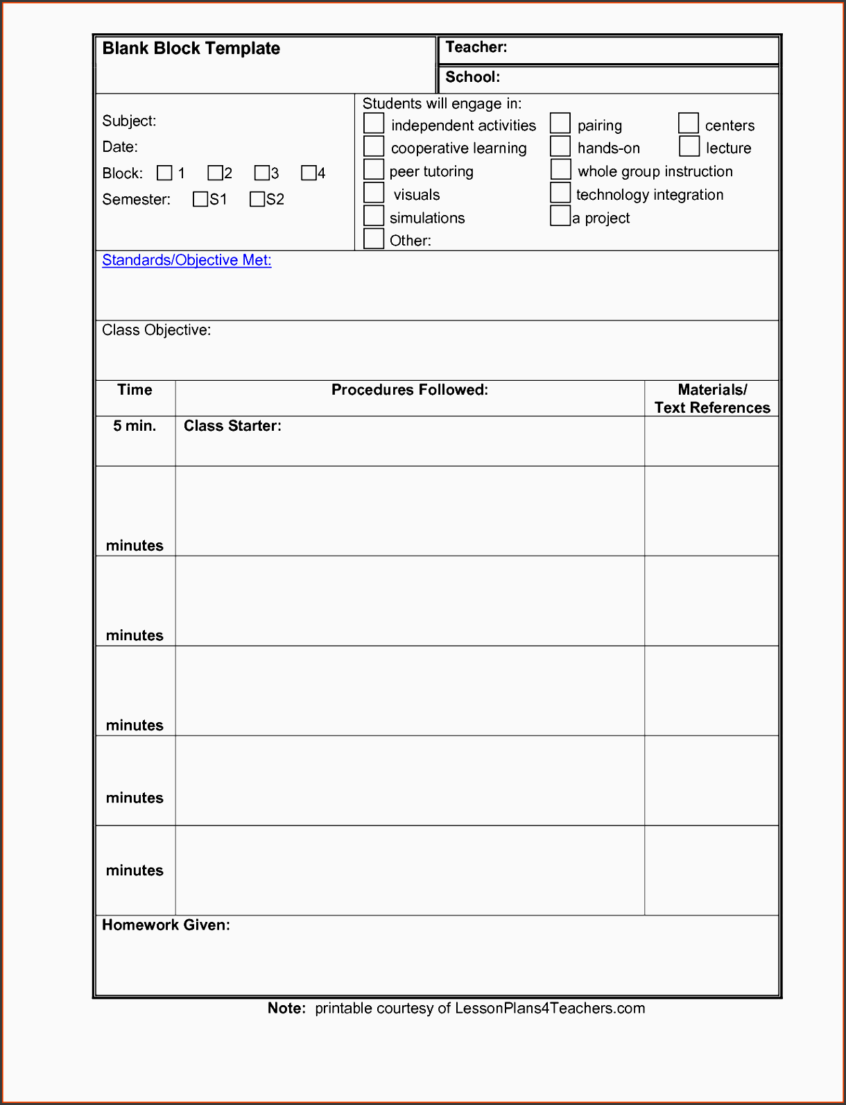 Printable Daily Lesson Plan Template Printable Templates