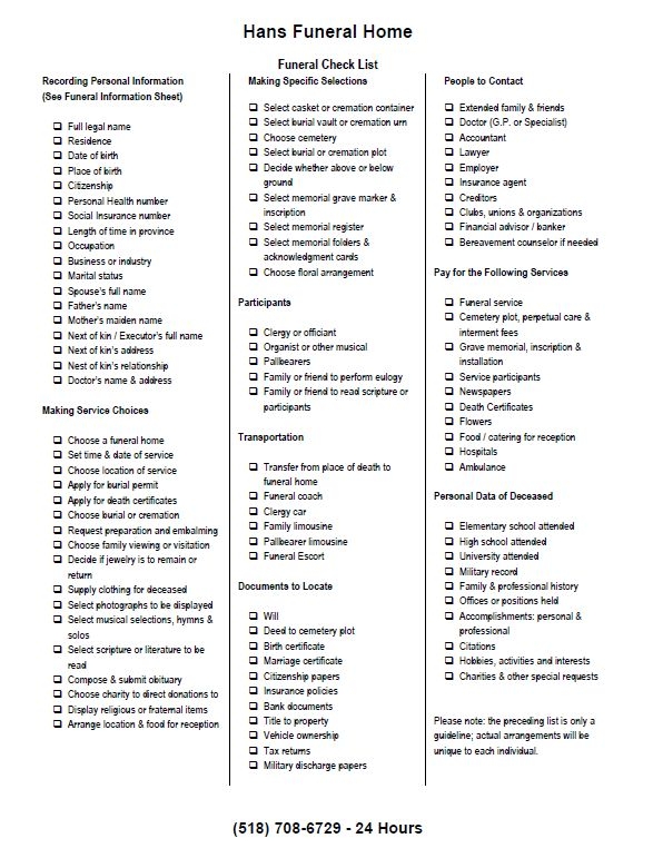 Printable Funeral Planning Checklist