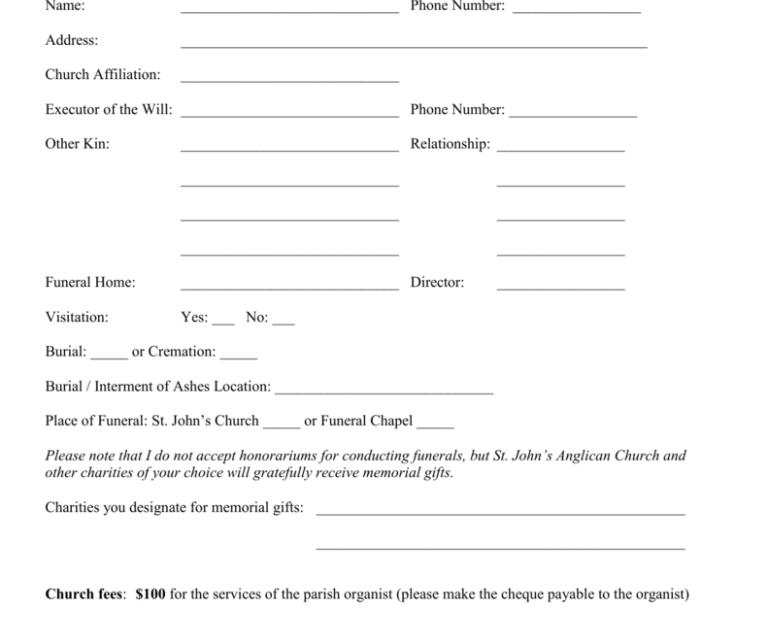 Printable Funeral Planning Form Printable Forms Free Online