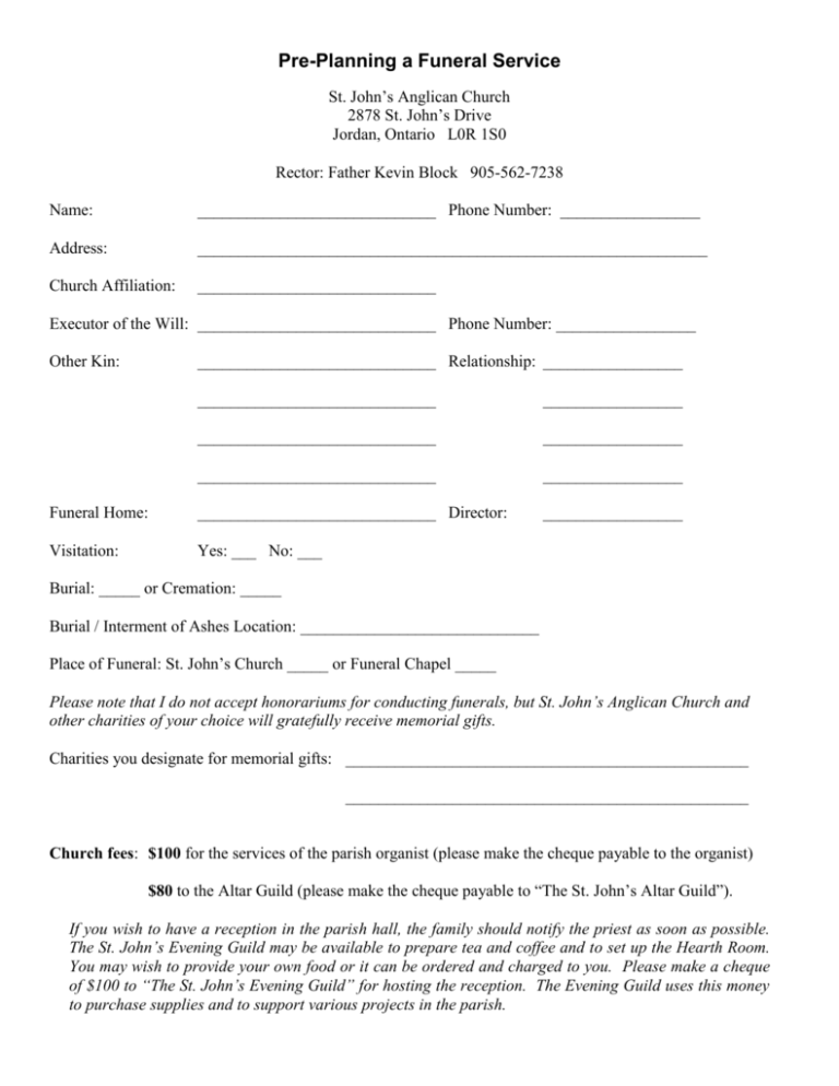 Printable Funeral Planning Form Printable Forms Free Online